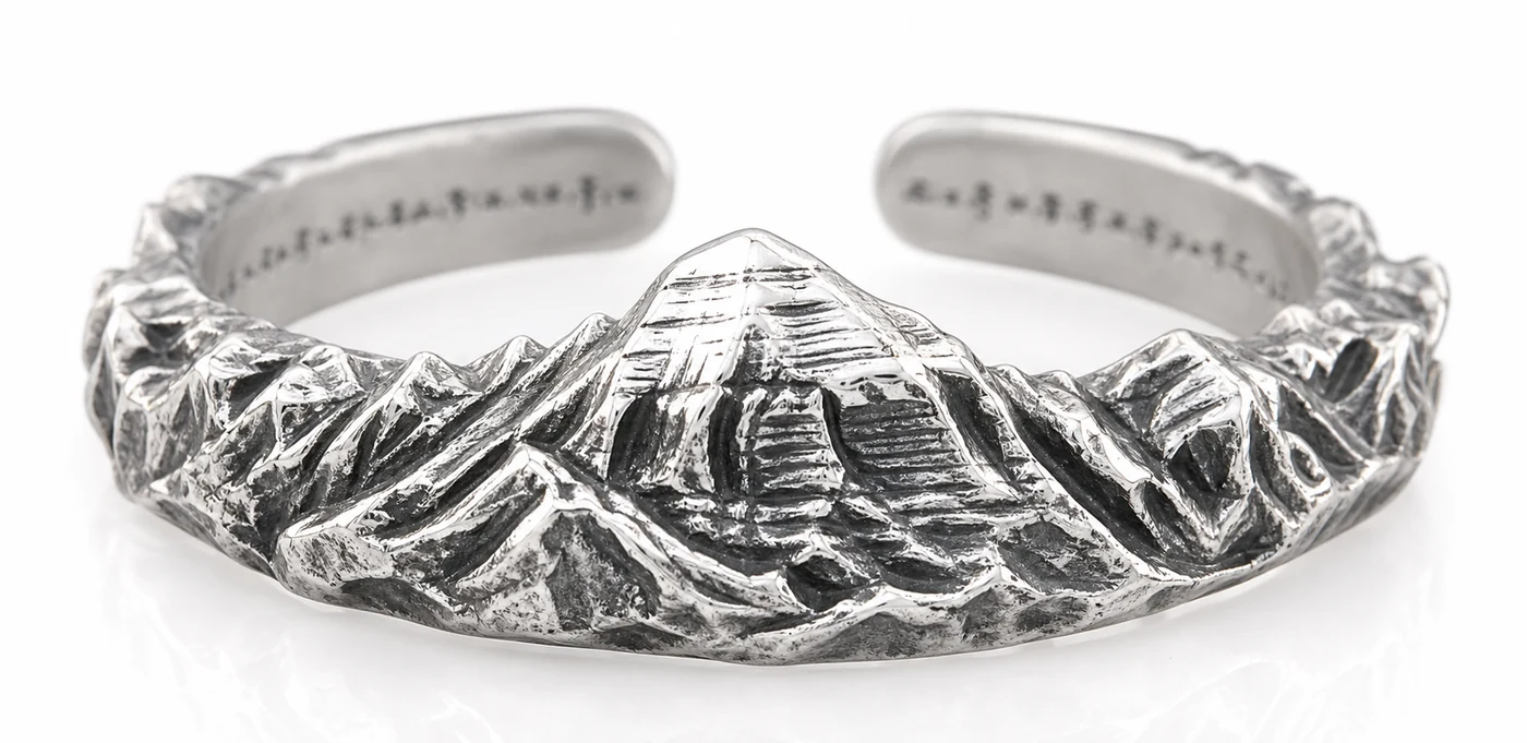 Kailash Memory Ring adjustable open ring with Kailash north face ridgeline in 925 sterling silver