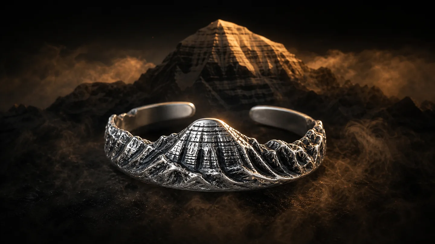 Kailash Memory adjustable open mountain ring in a dark alpenglow snow mountain scene