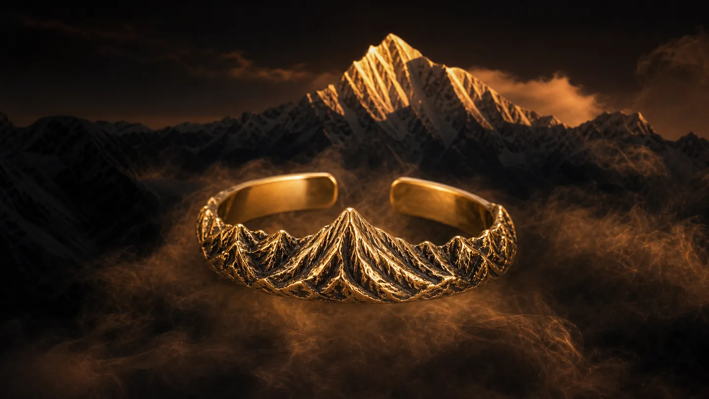 Meili Alpenglow adjustable open mountain ring in a golden snow mountain scene