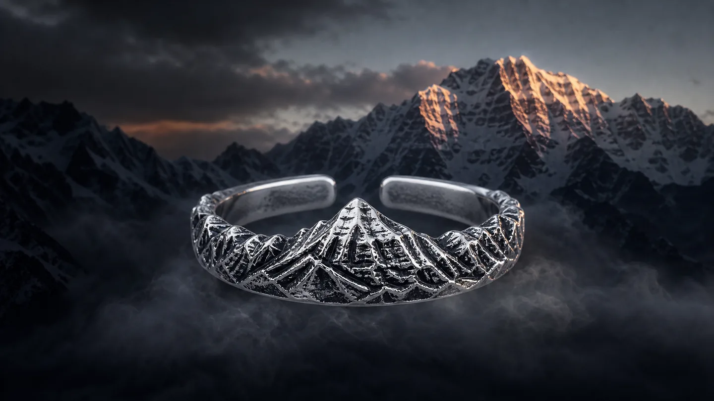 Haba Summit adjustable open mountain ring in a cool dawn snow mountain scene