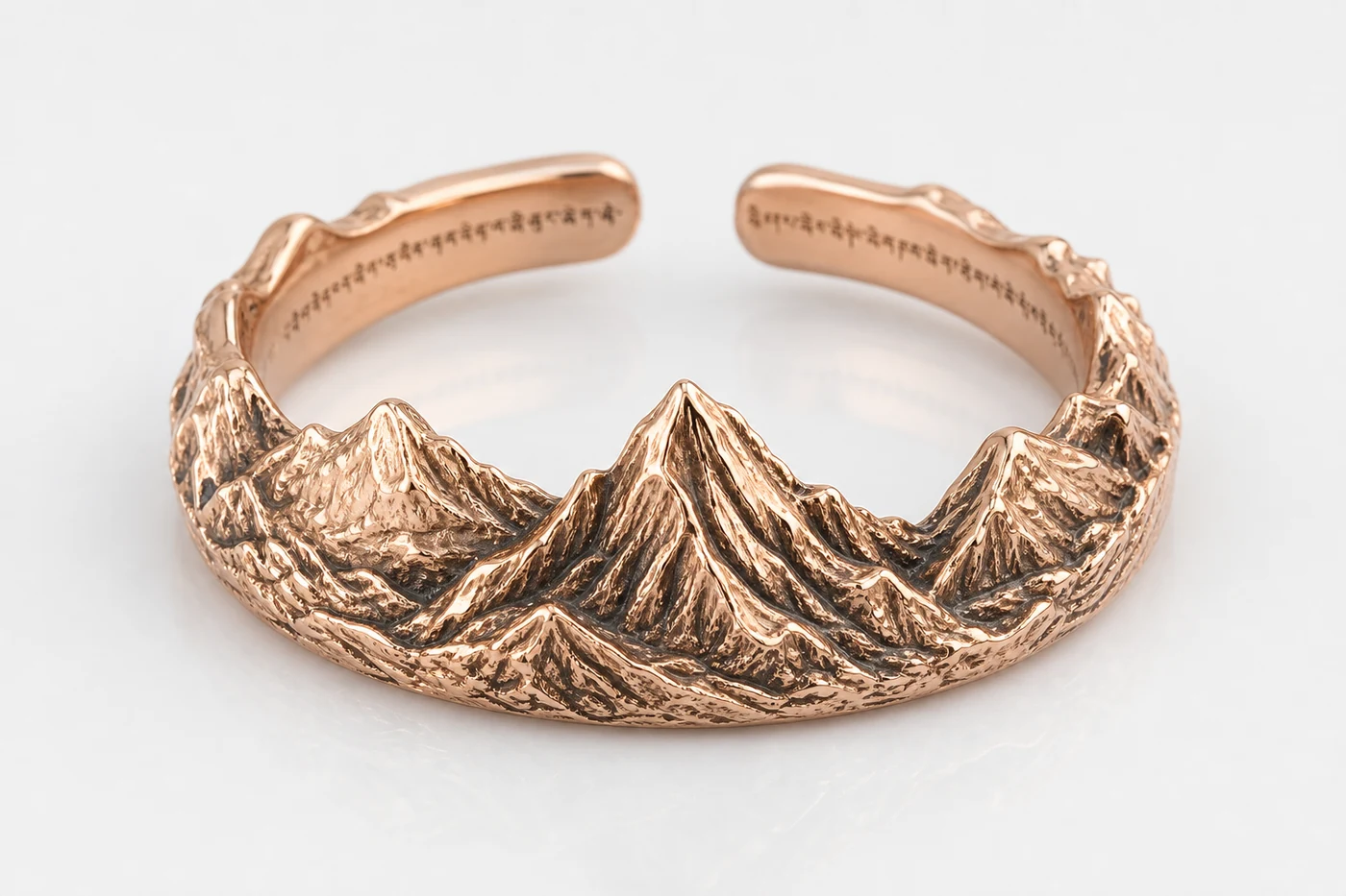 Yading Three Peaks Ring adjustable open ring with Chenrezig, Jambeyang, and Chanadorje inspired ridges in Rose gold
