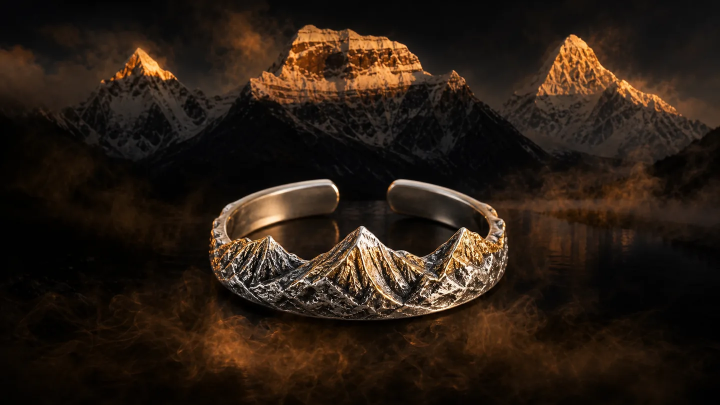 Yading Three Peaks adjustable open mountain ring in a dark three peak snow mountain scene