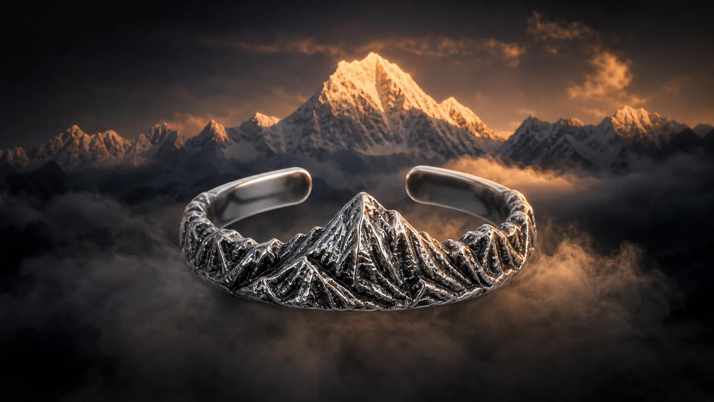 Gongga Strength adjustable open mountain ring in a sunrise snow peak scene