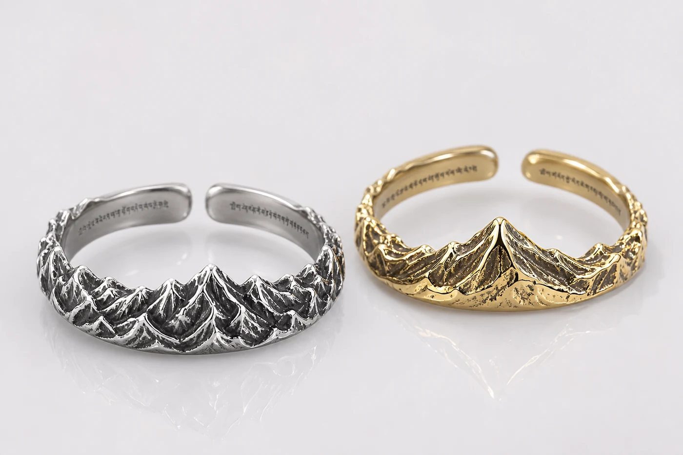 Yulong Haba Pair adjustable open ring with Yulong and Haba companion mountain language in Companion finish direction in silver, warm gold, or mixed tone