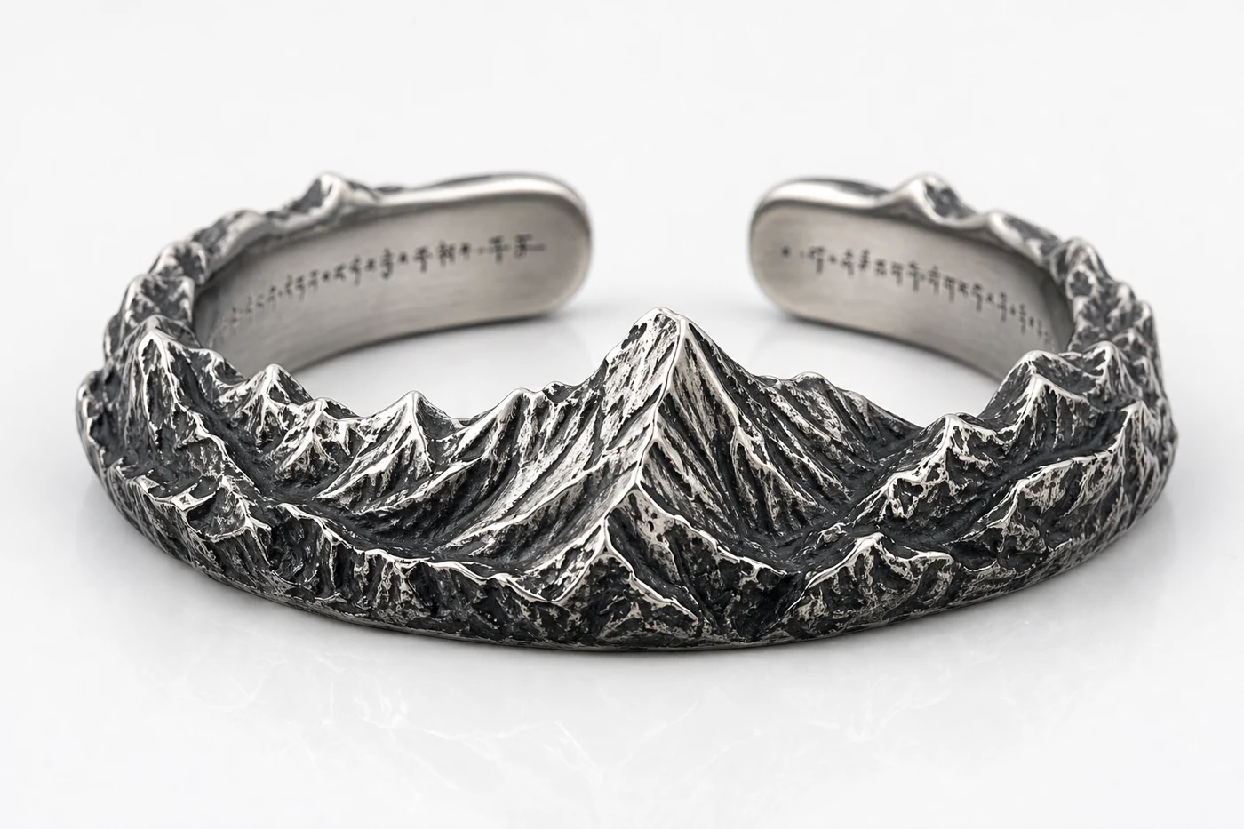 Gongga Strength Ring adjustable open ring with Minya Konka glacier face and storm ridge in Oxidized silver