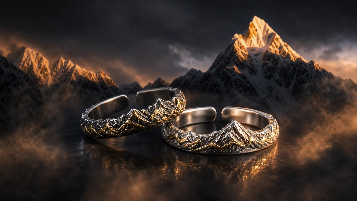 Yulong Haba Pair adjustable open mountain rings in a cinematic alpenglow snow mountain scene