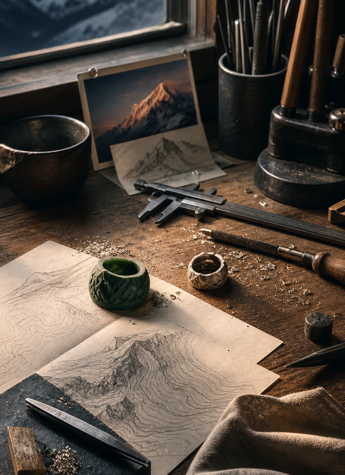SHANLUME atelier worktable with mountain sketches, tools, and ring prototypes